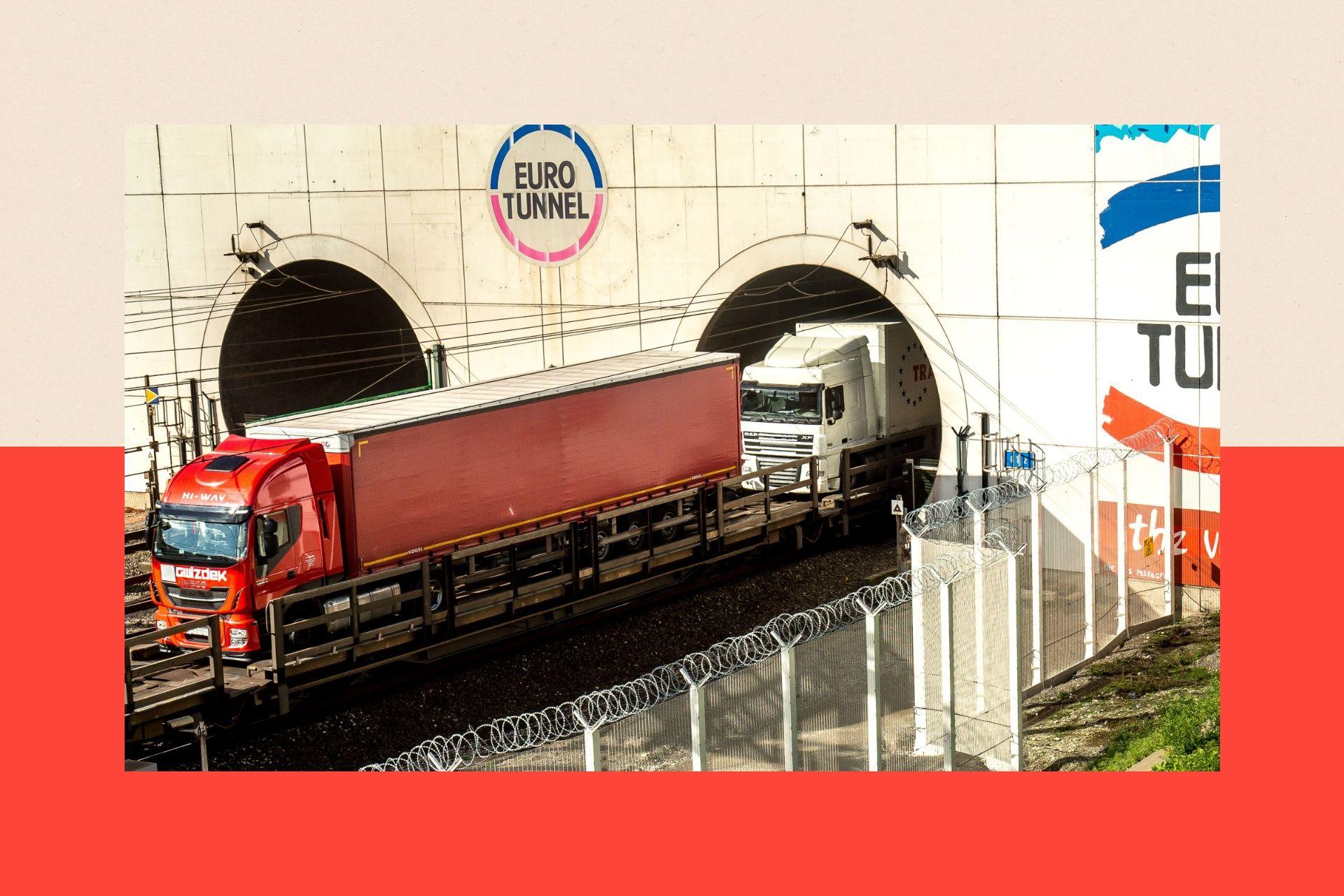 A truck being hauled through a Eurotunnel freight tunnel
