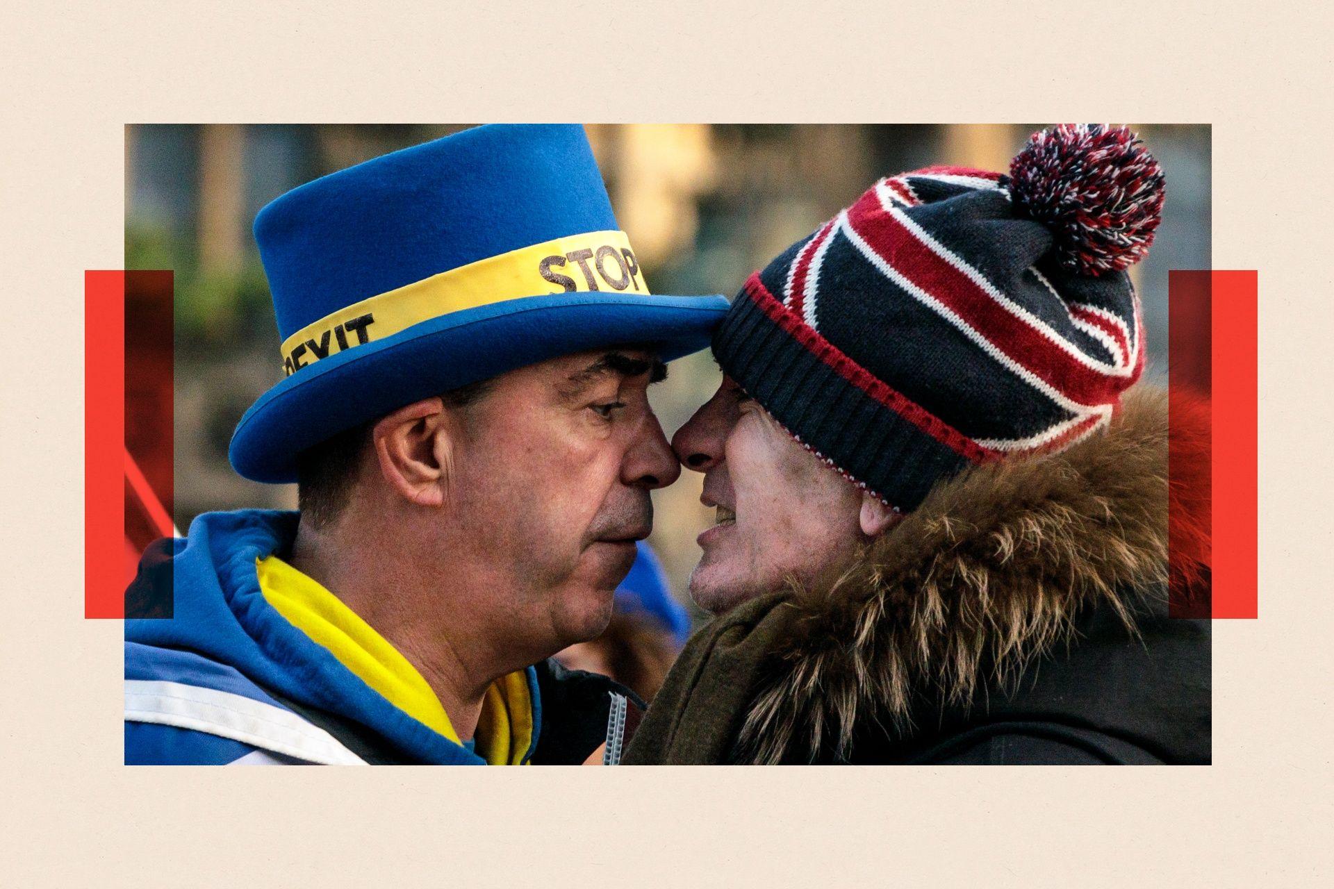 Anti-Brexit protester Steve Bray (L) and a pro-Brexit protester argue as they demonstrate outside the Houses of Parliament in Westminster