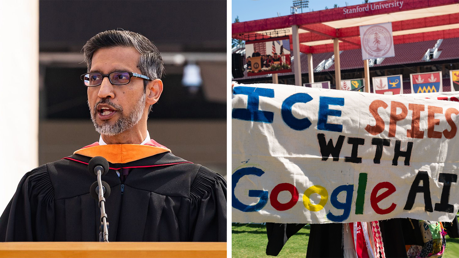 A composite image in two parts - on the left is a picture of Sundar Pichai giving his Stanford commencement, dressed in an academic gown. On the right is a banner held aloft by a student at the same event, which reads ICE SPIES WITH GOOGLE AI