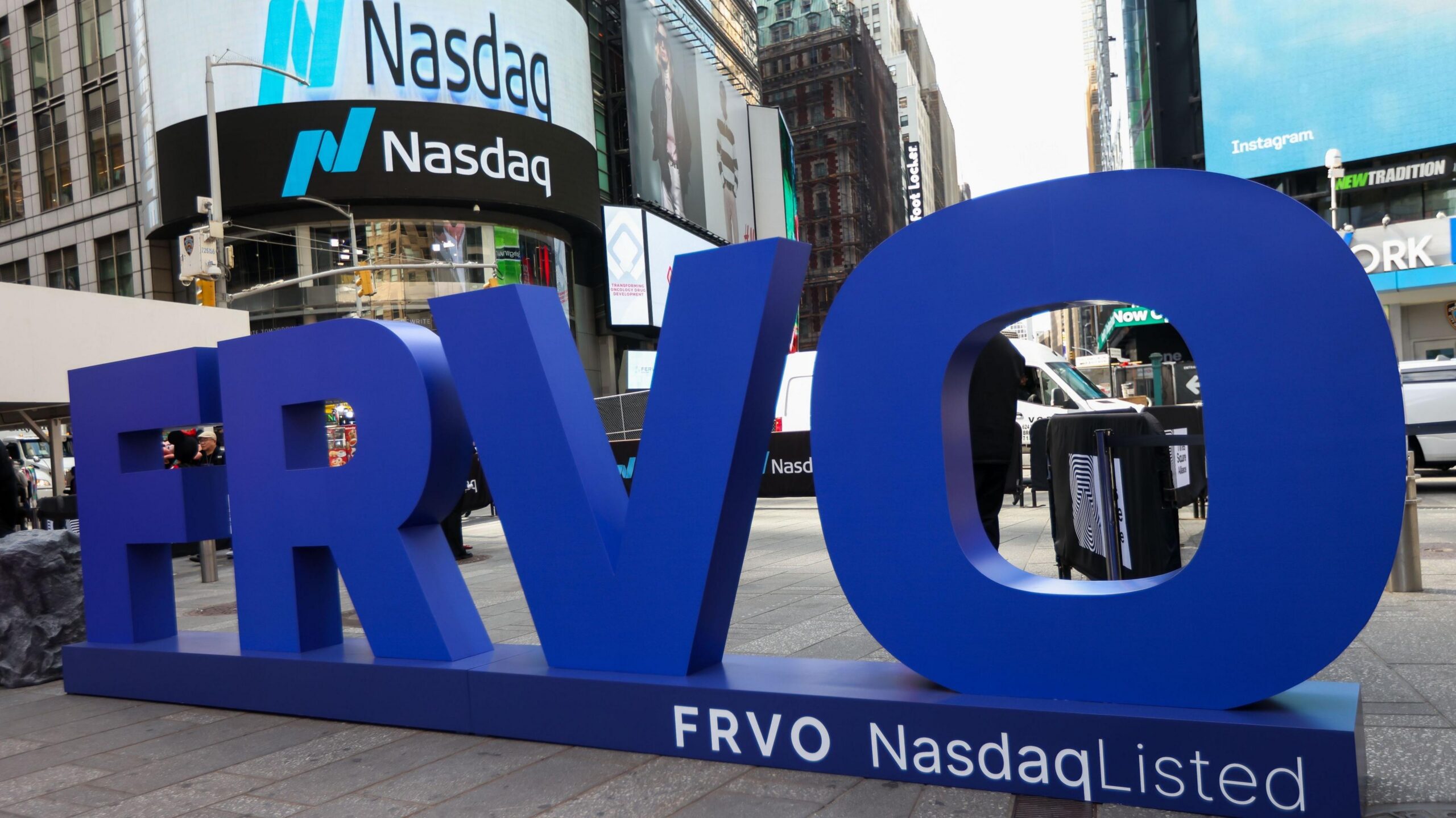 The letters FRVO stand outside the Nasdaq market on New York's Times Square.
