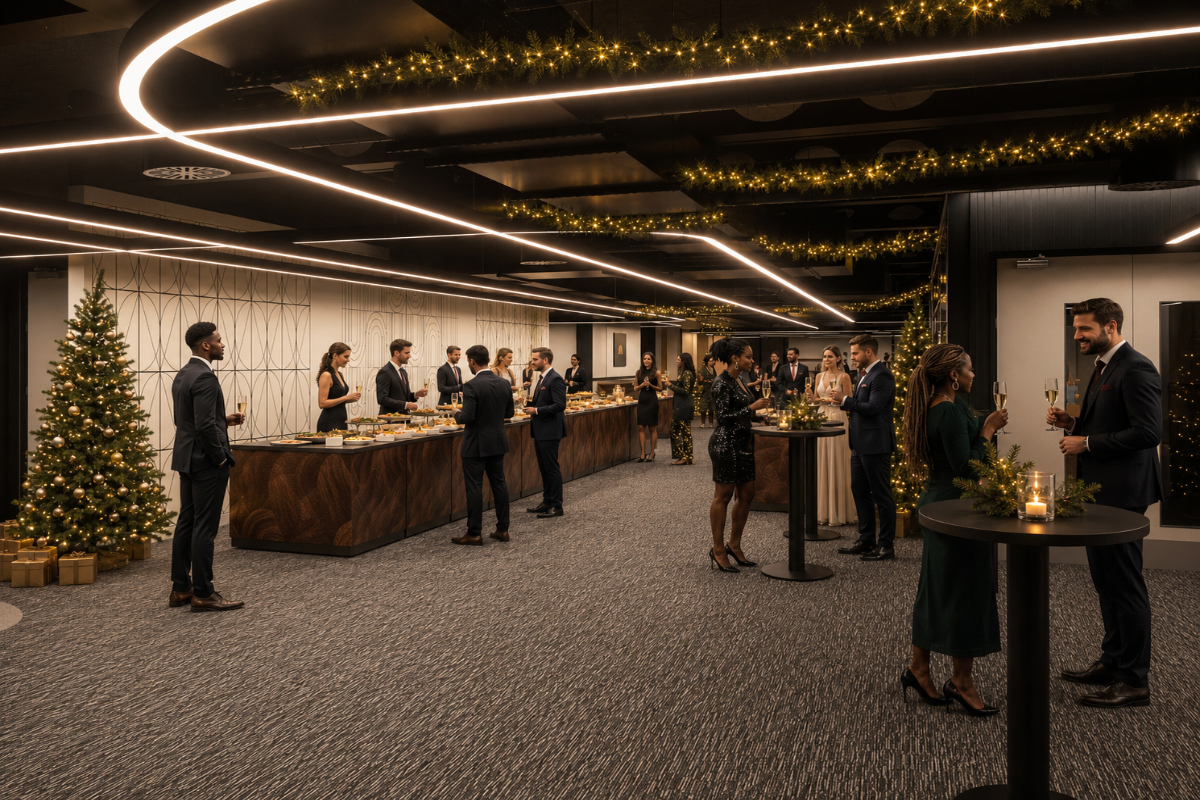Festive food stations showcasing diverse culinary delights, featuring vibrant decorations and an array of seasonal dishes.