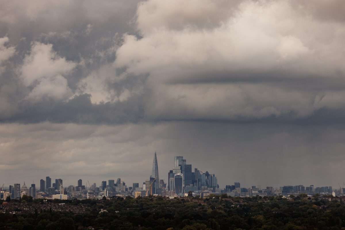 LONDON, UNITED KINGDOM - SEPTEMBER 23: Heavy rain clouds pass over the city of London skyline on September 23, 2024 in London, United Kingdom. The Met Office has issued amber weather warnings for heavy rain in the Oxford region with yellow warnings stretching from Middlesbrough to the South Coast. (Photo by Dan Kitwood/Getty Images)
