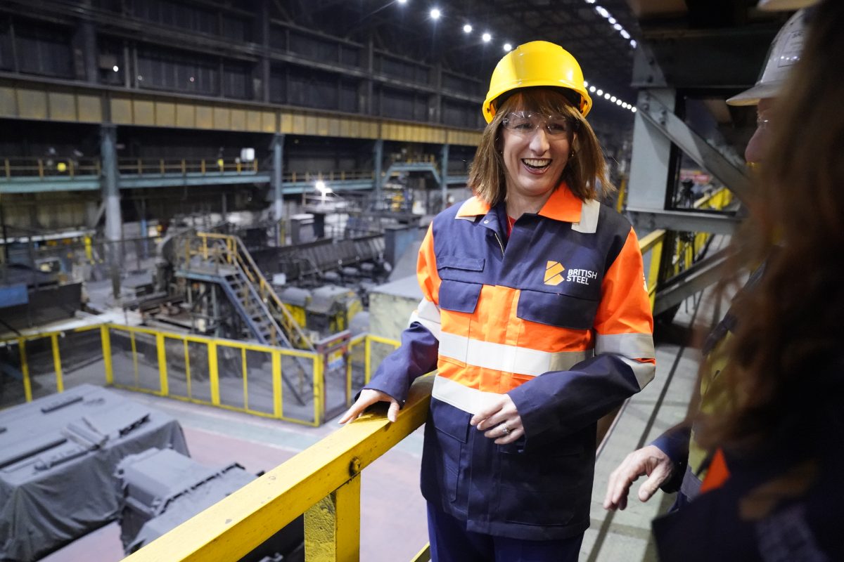 SCUNTHORPE, ENGLAND - APRIL 17: Chancellor of the Exchequer Rachel Reeves in the rail and sections hot end rolling mill during her visit to the British Steel site on April 17, 2025 in Scunthorpe, England. This weekend, the UK government passed emergency legislation to transfer control of British Steel's Scunthorpe site from Chinese owners Jingye Steel, who had said they were planning to permanently decommission its two blast furnaces. (Photo by Danny Lawson - WPA Pool/Getty Images)