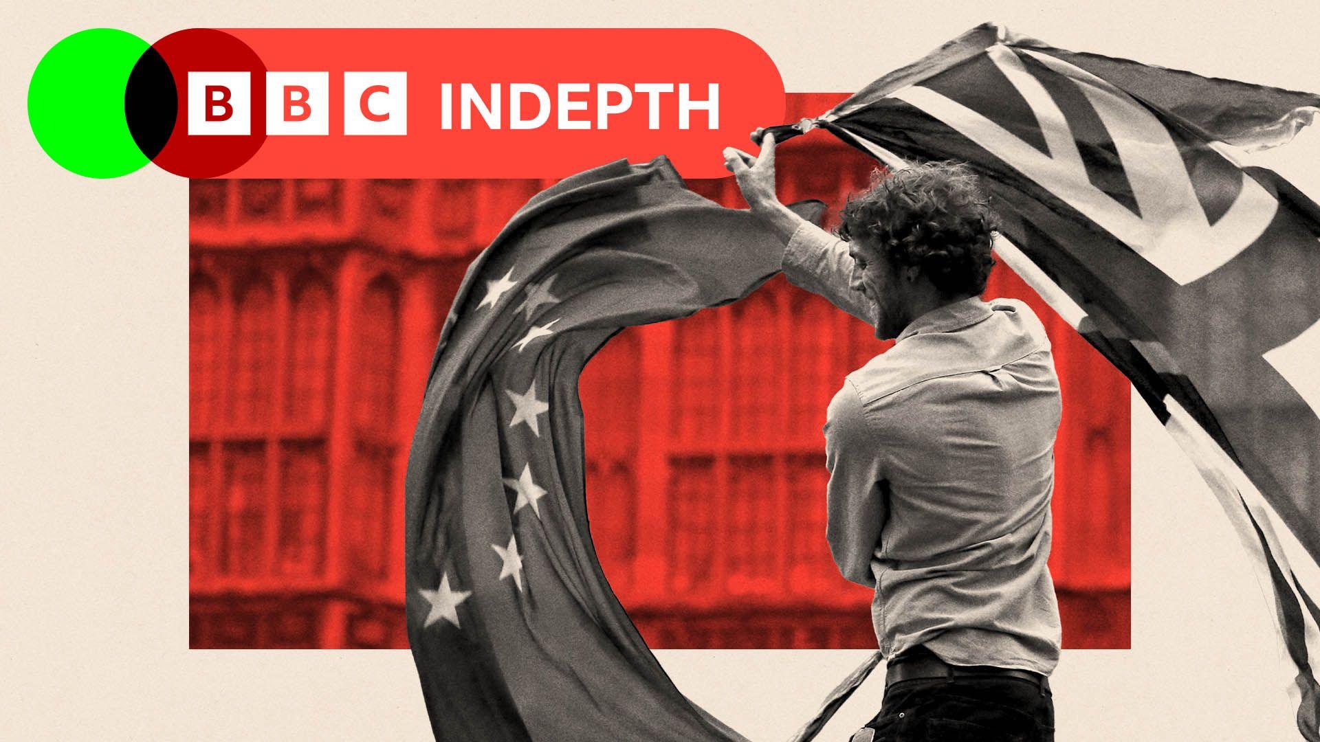 A treated image of a person waving the EU and Great Britain flags