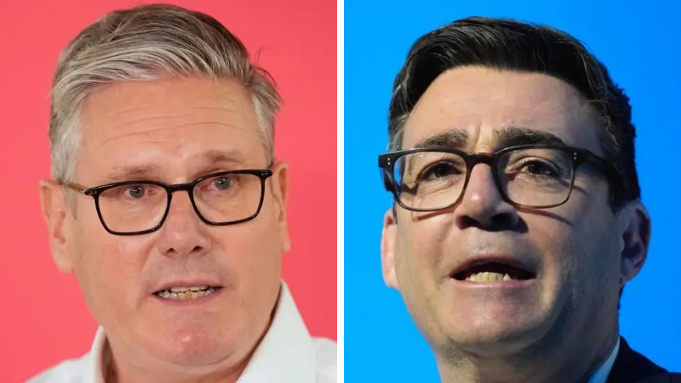 A composite image of Sir Keir Starmer and Andy Burnham. Sir Keir is wearing a white shirt and glasses and is in front of a red background. Burnham is wearing a dark coloured jacket, a white shirt and glasses, and is in front of a blue background.
