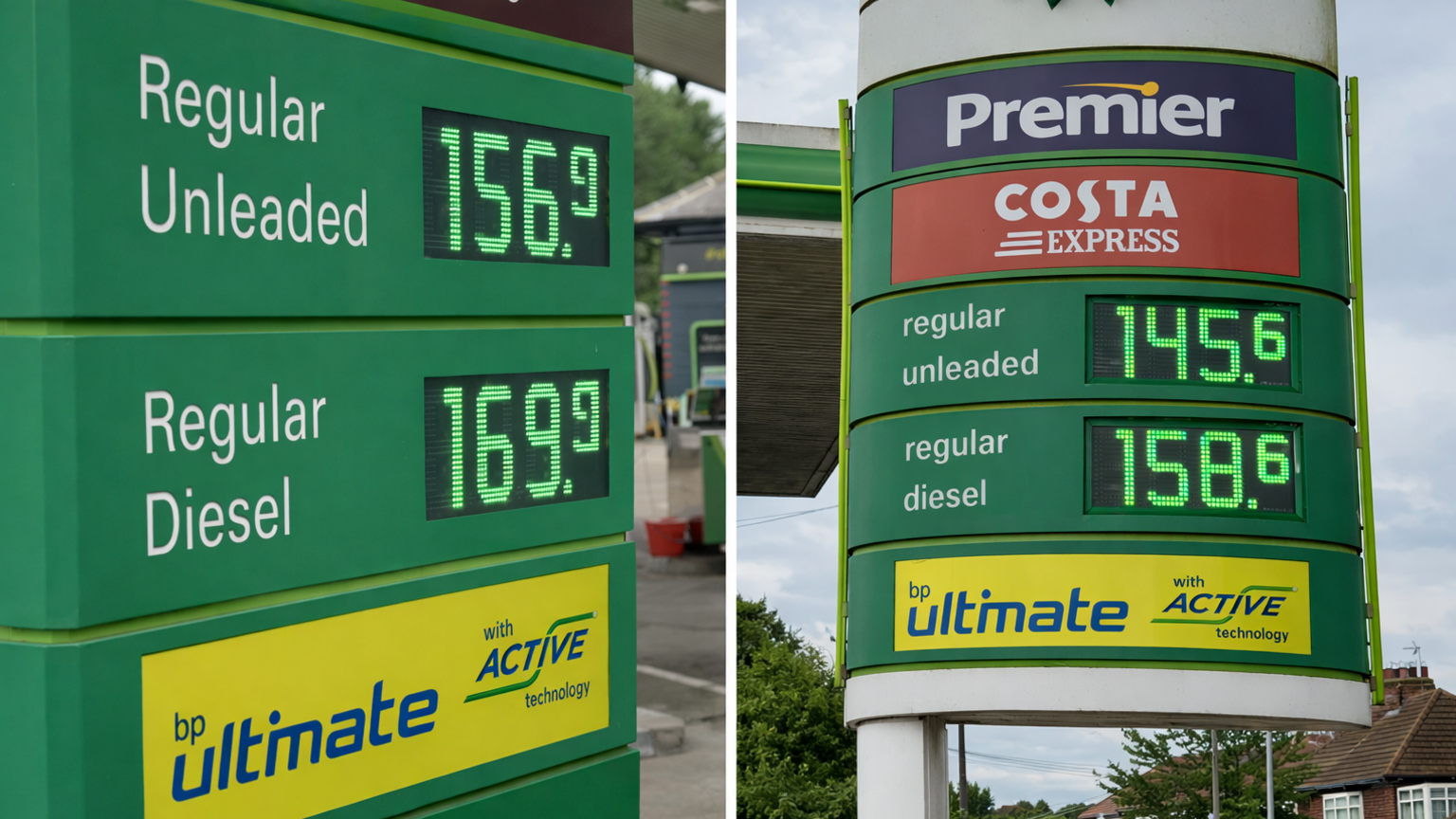 On the left the yellow and green forecourt price display at the BP garage on Maybury Road in Hull shows petrol at 156.9 p per litre and diesel at 169.9p per litre. On the right the sign at Bilton Service Station lists petrol at 145.6p per listre and diesel at 158.6p per litre. A dfference of 11.3p per litre on both petrol and diesel between garages just 2.8 miles apart.
