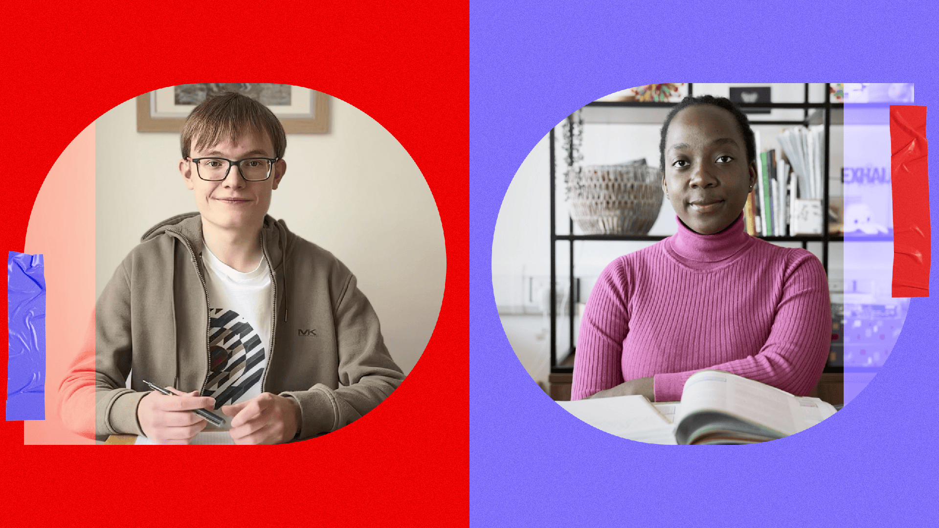 Graphic showing Sam on left and Halima on right