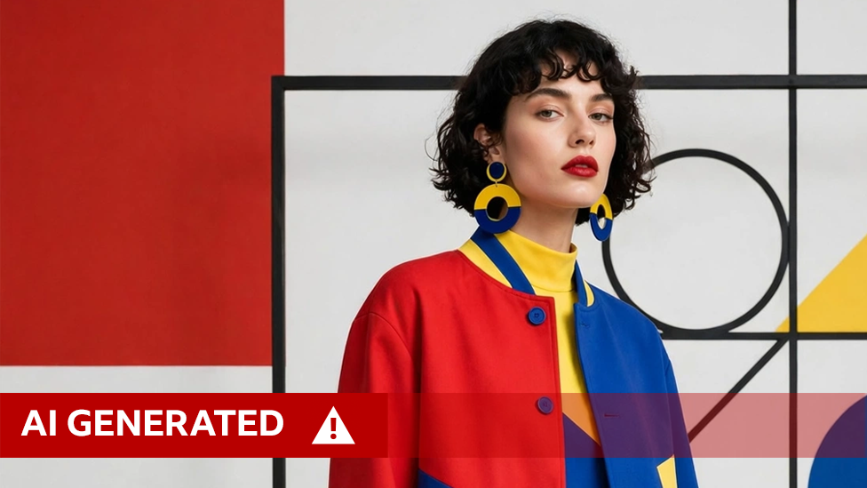 An AI-altered image generated using Muse Image of a woman against a Bauhaus art background and wearing red blue and yellow, with black curly hair