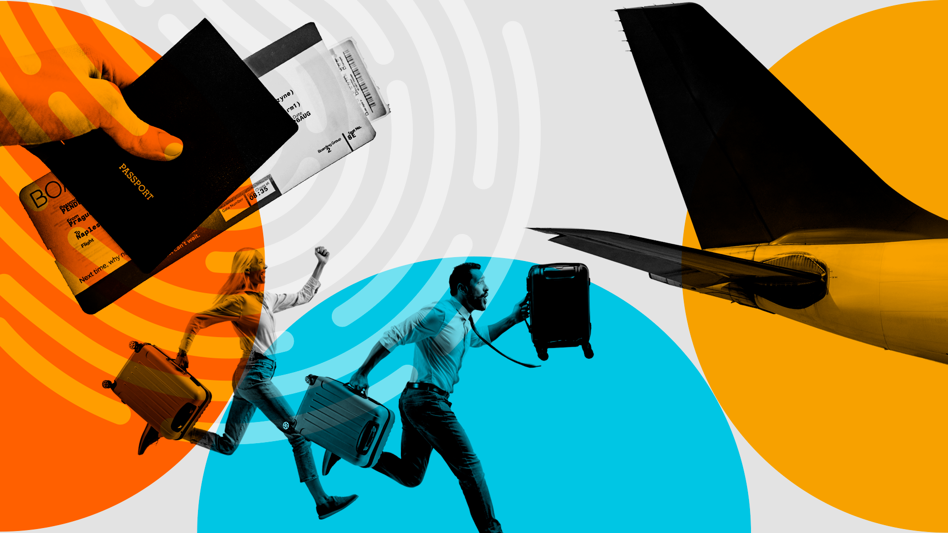 A colourful graphic showing a plane, passport and fingerprint and a man and woman carrying suitcases and running