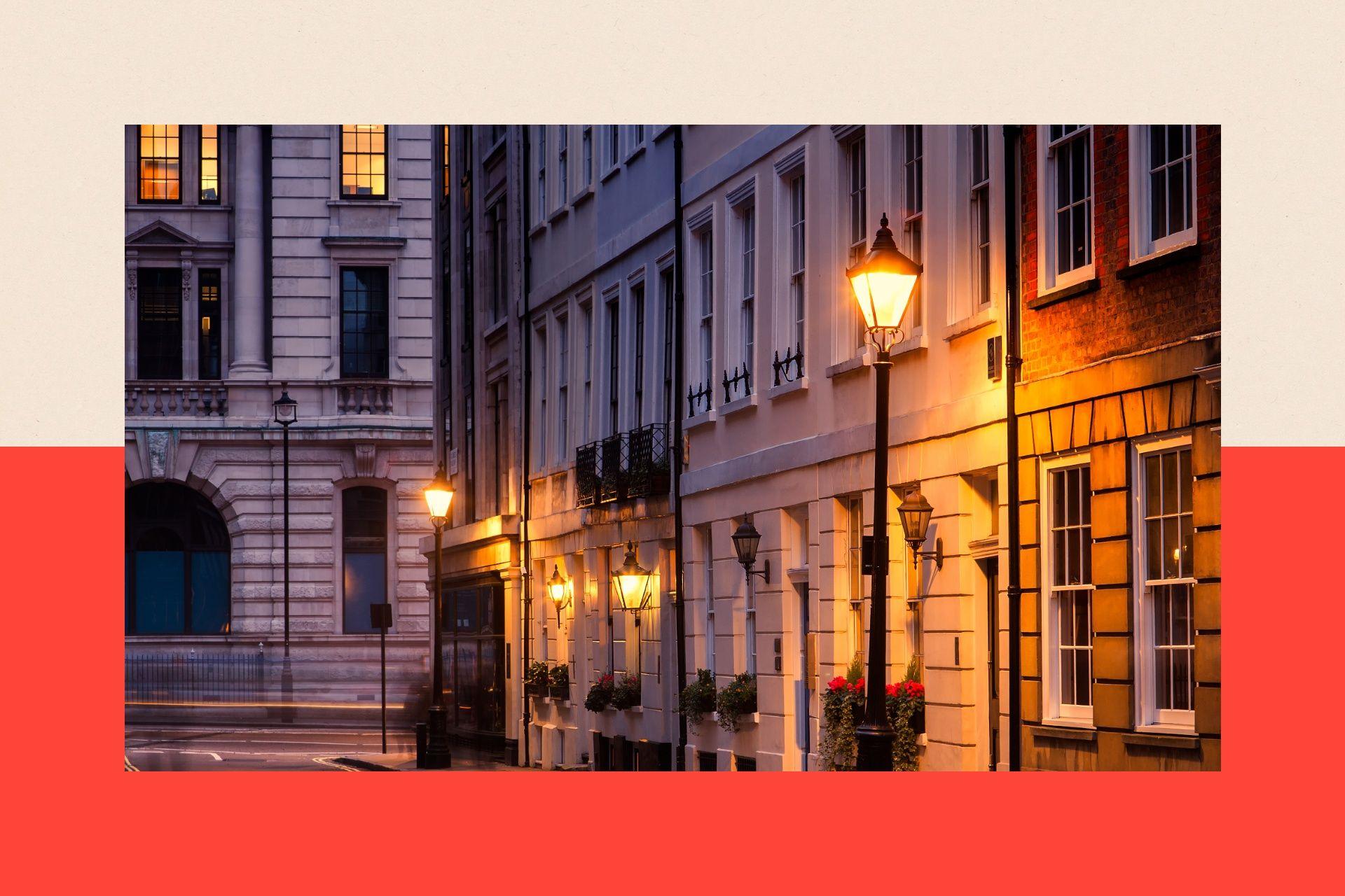 St James's Place, London - street gas lights are illuminted in the early morning light