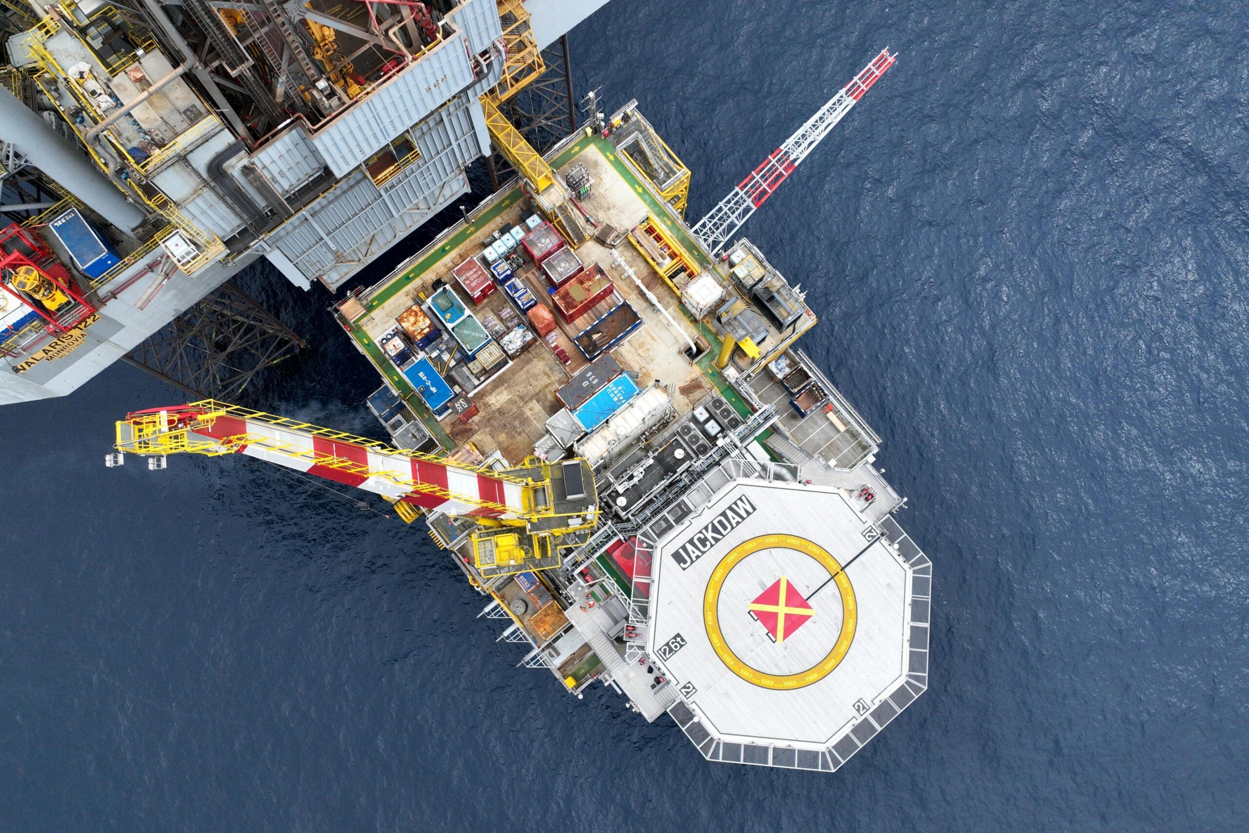 Drone view of Jackdaw platform with the North Sea below