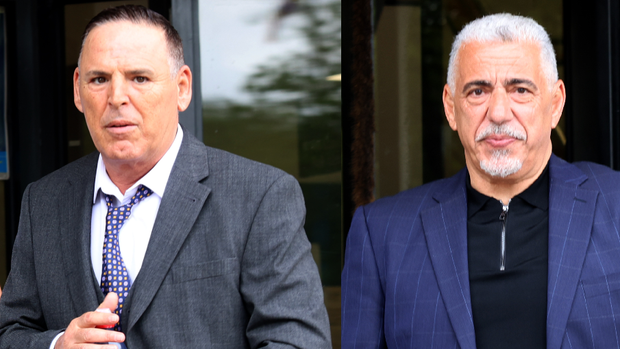 Two images side by side of the company directors, both in dark coloured suits coming out of court. Michael has short dark hair and is cleanly shaven, Enver has a white goatee and short white hair.