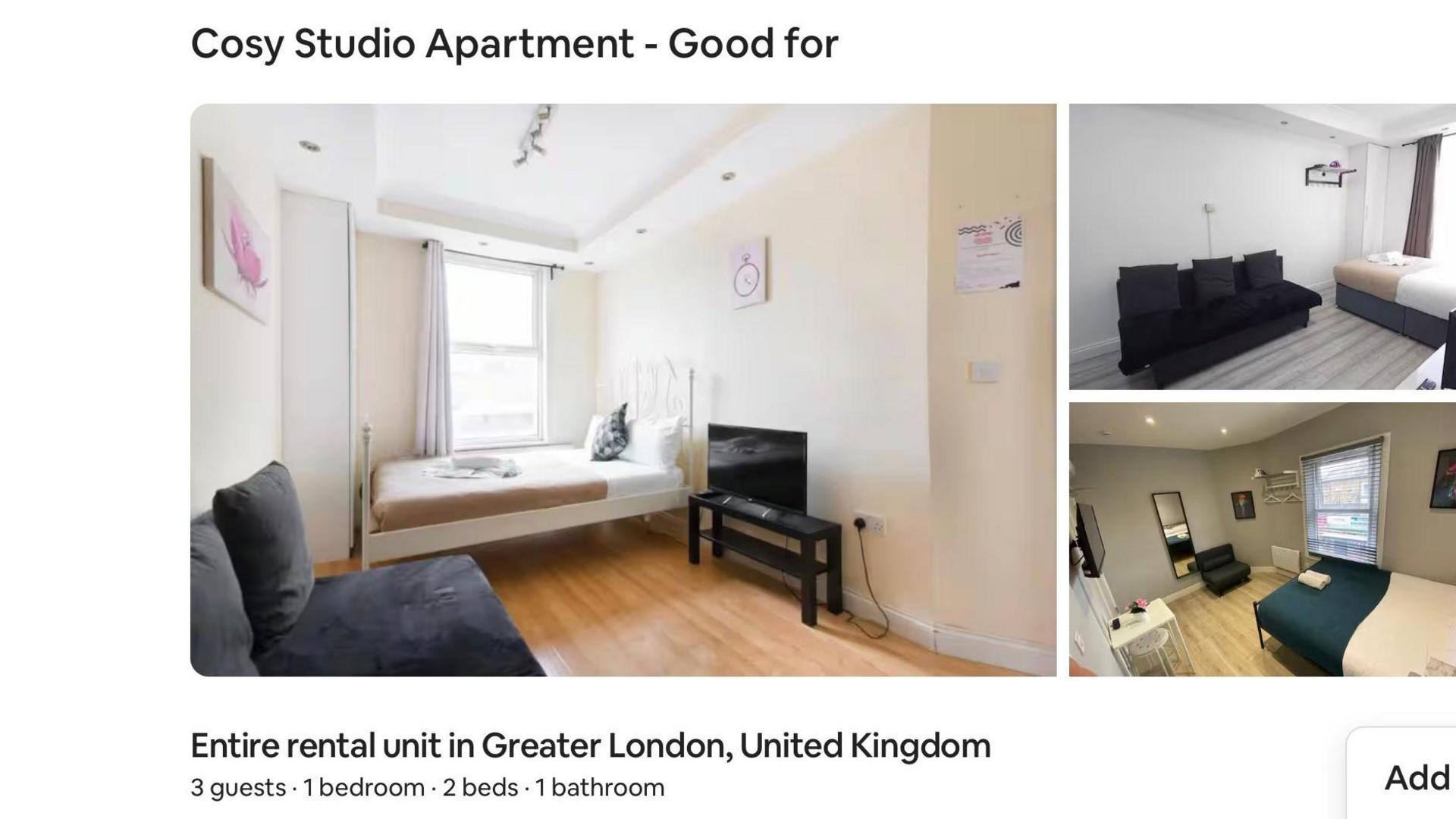 An Airbnb listing of a rental unit in London, with glossy images of the flat