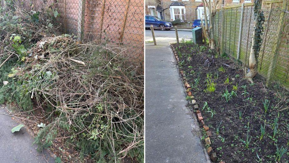 A side-by-side comparison showing a messy pile of overgrown branches and garden waste on the left, and the same narrow space transformed into a neat, cleared soil border with young green plants on the right.