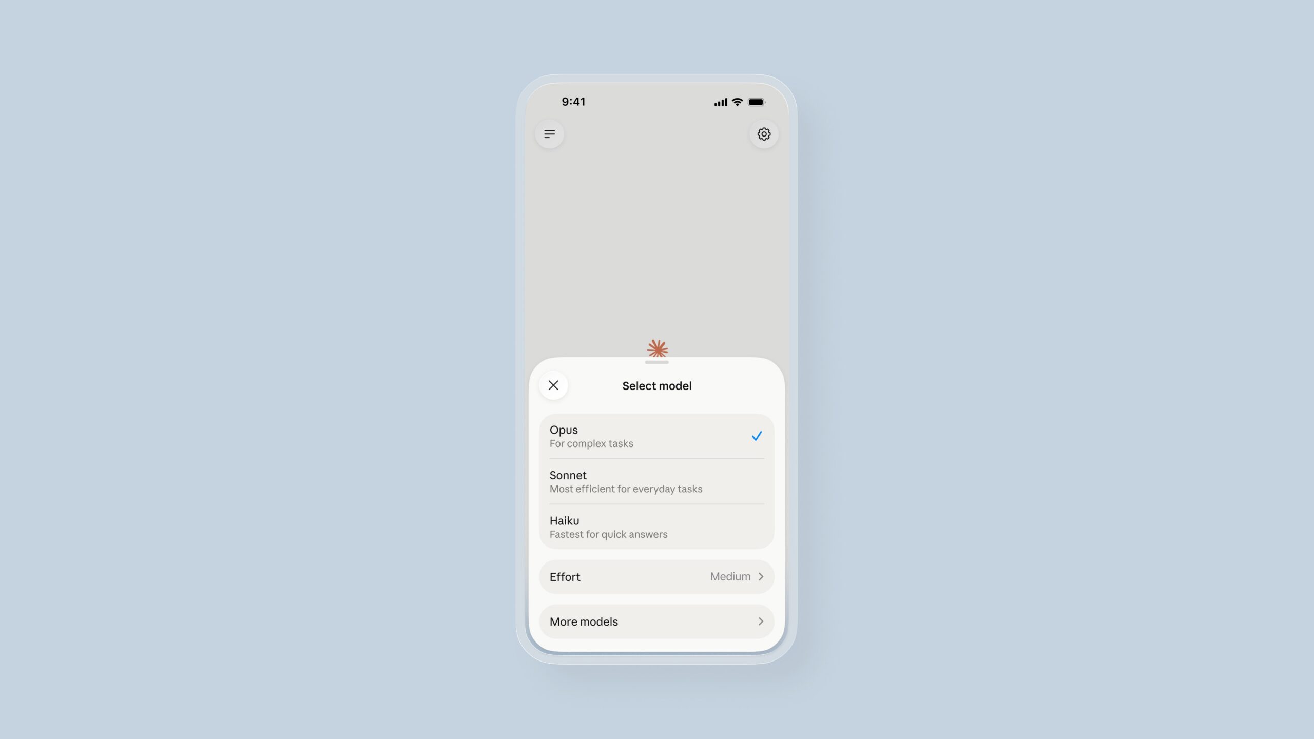 Screen shows Claude Voice 2's new model picker menu