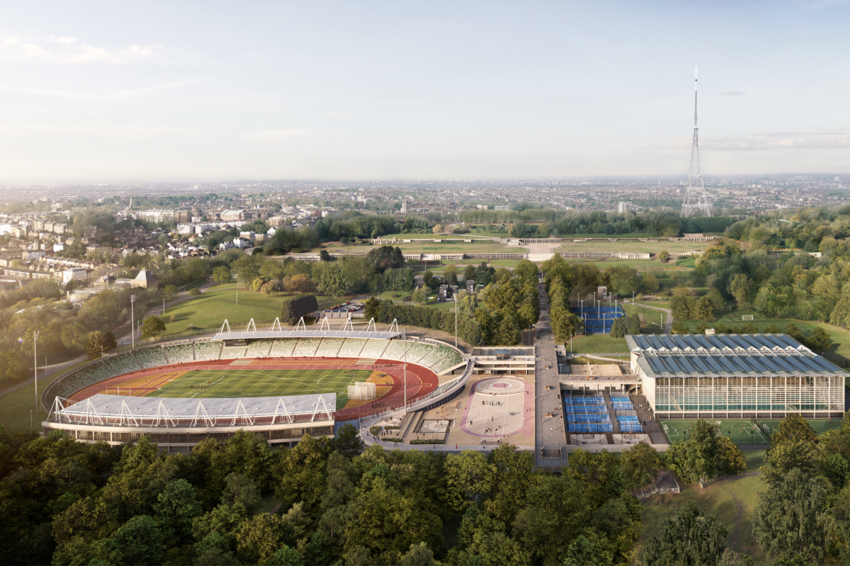 Aerial view of Crystal Palace National Sports Centre with stadium, athletic track, courts, and London skyline