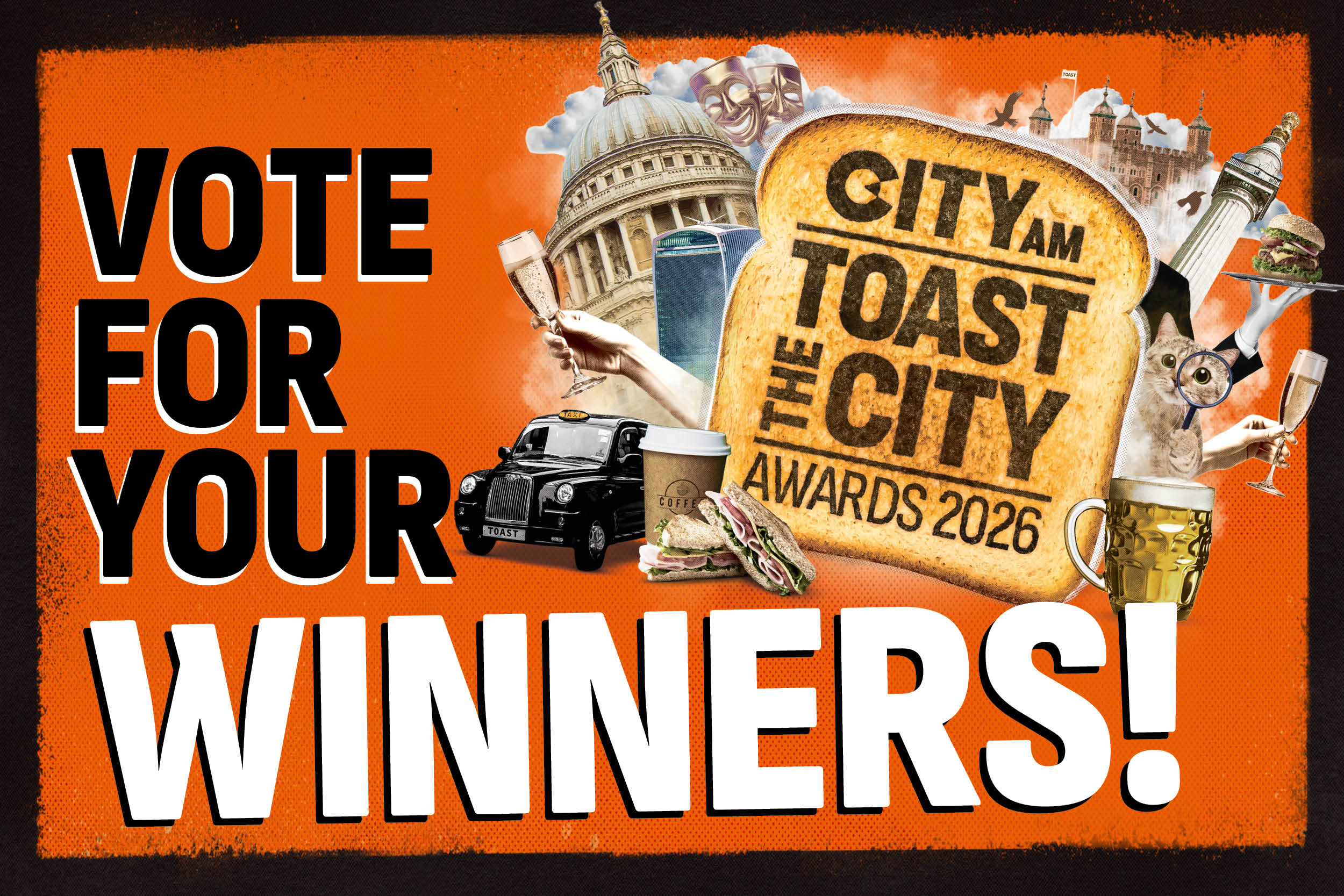 CityAM Toast the City Awards 2026 graphic with London landmarks, champagne, black taxi, and sandwiches.