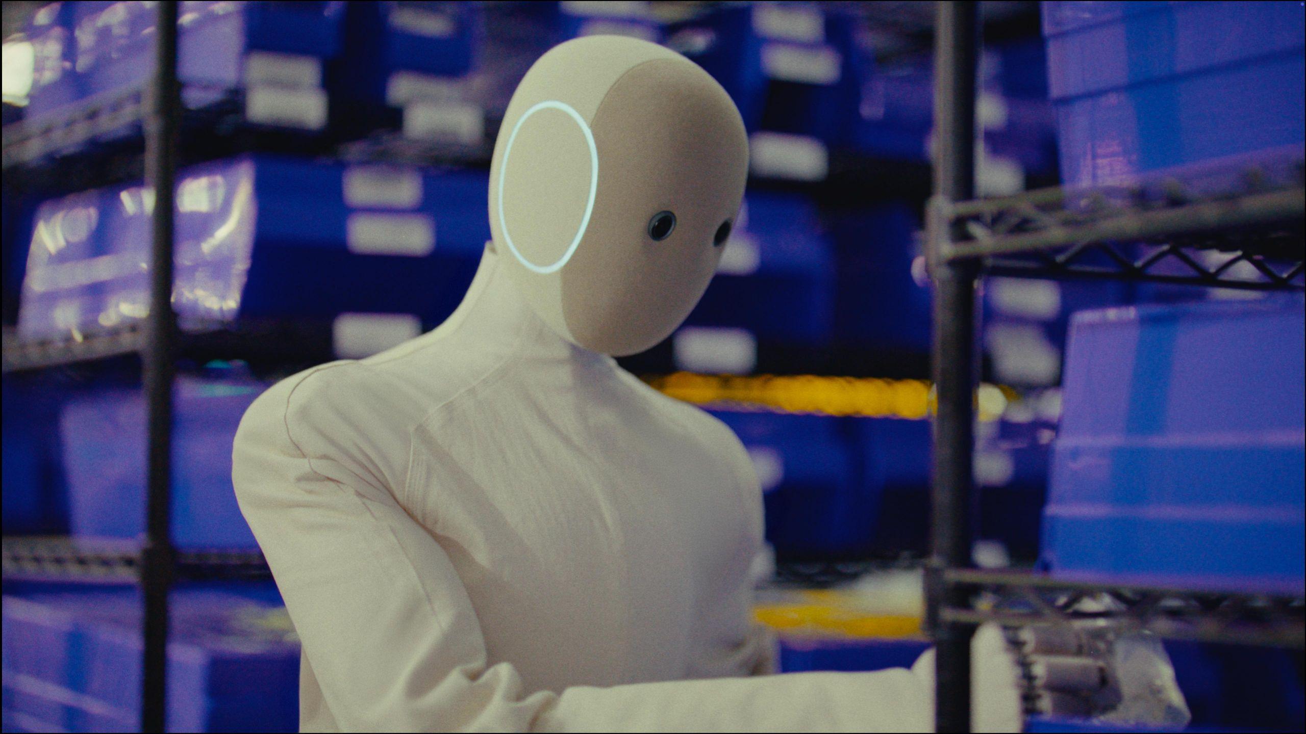A Neo robot from 1X works with some blue crates on shelving.