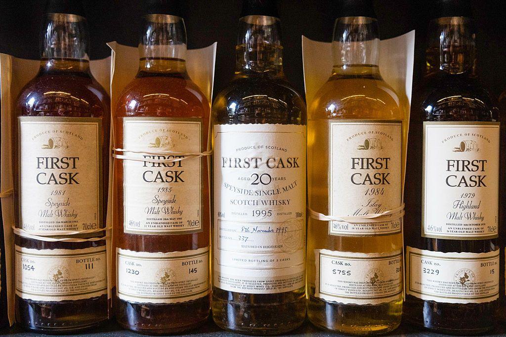 Bottles of first cask malt Scotch whisky inside a whisky shop in Aberdeen, Scotland.