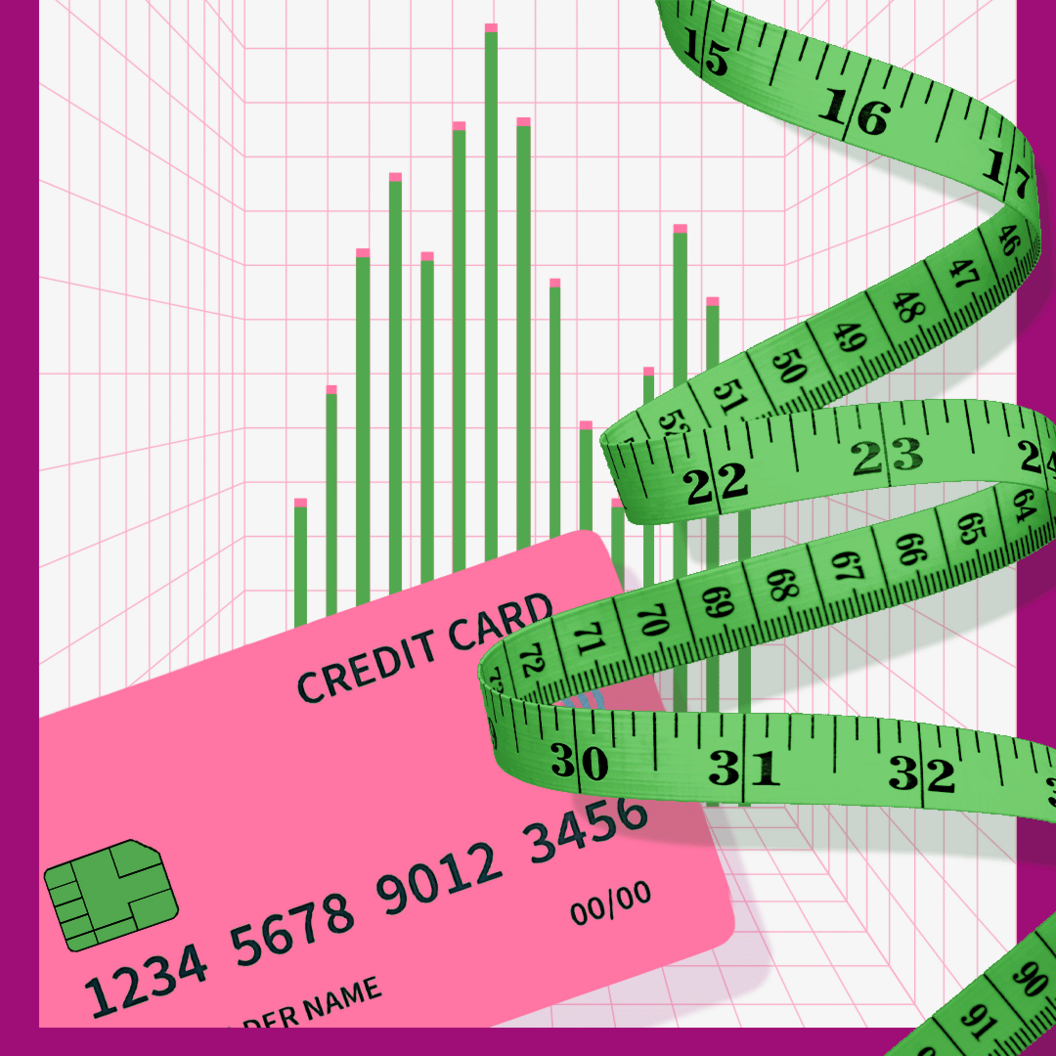 An illustration of a pink credit card, next to an unfurling green measuring tape, against a grid-style backdrop with a green bar chart.