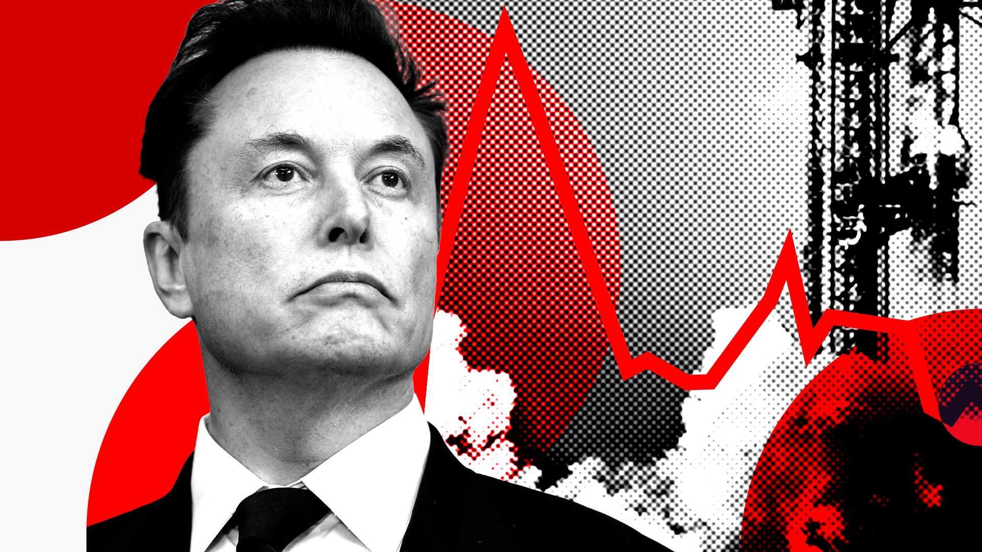 Stylised image showing Elon Musk looking up with a rocket behind him to the right and a red line like that of a share price chart, against a red, black and white background
