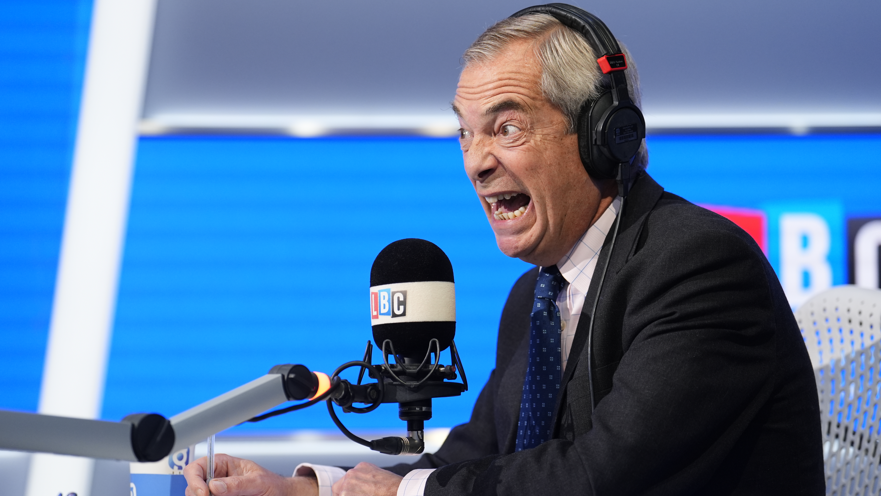 Reform UK leader Nigel Farage during an appearance on LBC's Nick Ferrari at Breakfast show, at the Global Studios in London on 24 September, 2025. He wears a dark jacket, blue tie with light blue dots and a white shirt with light blue checks.